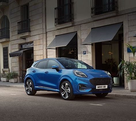 Blue Ford Puma parked outside restaurant Outside Restaurant, Ford 2020, Sporty Suv, Ford Puma, Puma Blue, Dual Clutch Transmission, Ford Parts, Roadside Assistance, Ford Motor Company