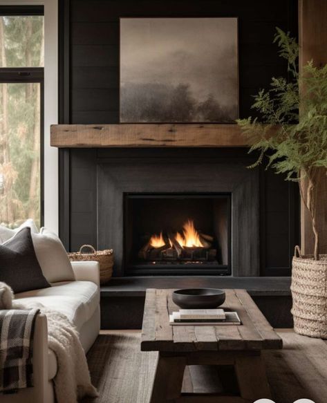 Black Shiplap Fireplace, Shiplap Fireplace Ideas, Black Shiplap, Wood Mantle Fireplace, Fireplace Feature Wall, Cottage Fireplace, Fireplace Redo, Cabin Fireplace, Slate Fireplace