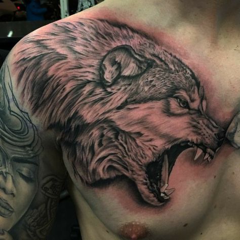 Shoulder Chest Tattoo, Wolf Face Tattoo, Eagle Chest Tattoo, Werewolf Tattoo, Tattoo On Chest, Wolf Tattoos Men, Dragon Tattoos For Men, Mens Shoulder Tattoo, Wolf Face