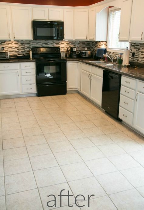 How To Change Grout Color For Less Than 20 Beige Tile Kitchen Floor, Change Grout Color, Beige Tile Kitchen, Tile Grout Color, Beige Floor Tile, Floor Tile Grout, Budget Kitchen Makeover, Floor Grout, Black Grout