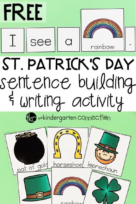 Grab our FREE St. Patrick's Day Sentence building and writing activity for your kindergarten classroom! This printable is great for small groups and writing center. Children will have fun writing their very own sentences in an independent, creative way! St Patricks Activities, Sant Patrick, Sentence Writing Activities, Kindergarten Writing Activities, St Patrick's Day Activities, Writing Printables, March Activities, St Patrick Day Activities, Sentence Building