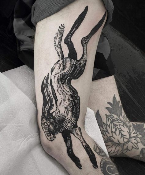 Rabbit Forearm Tattoo, Good Tattoo Placement, Hare Tattoo, Crow Tattoo Design, London September, Etching Tattoo, American Traditional Tattoo Ideas, Traditional Tattoo Ideas, Engraving Tattoo