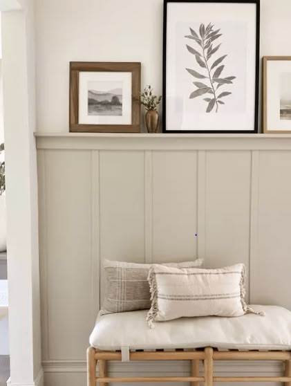 White And Beige Board And Batten, Small Entryway Ideas Board And Batten, Trim Halfway Up Wall, Greige Board And Batten, Magnolia Living Room Ideas, Wall Scones Decor Ideas, Board And Batten Hallway, Board And Batten Entryway, Batten Wall