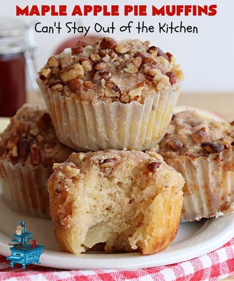 Maple Apple Pie Muffins | Can't Stay Out of the Kitchen | these scrumptious #muffins are heavenly! #MapleSyrup & #MapleExtract make them pop in flavor. Sour cream keeps them moist rather than dry and #pecans add a delicious crunchiness. #Apples make them taste like #ApplePie! Terrific for a weekend, company or #holiday #breakfast #MapleApplePieMuffins Maple Pecan Muffins, Maple Apple Pie, Maple Muffins, Apple Pie Muffins, Maple Pecan Pie, Pecan Pie Muffins, Bacon Muffins, Pumpkin Streusel Muffins, Pie Muffins