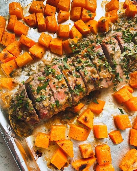 Herbed Pork Tenderloin, Squash and Sweet Potato Sheet Pan Dinner • Chef Jen Pork Tenderloin And Acorn Squash, Pork Tenderloin And Butternut Squash, Pork Tenderloin Recipes Sweet Potato, Pork Tenderloin Sweet Potato, Pork Tenderloin Sweet Potato Sheet Pan, Pork Loin And Sweet Potato Recipes, Pork Tenderloin And Sweet Potato Recipes, Pork Tenderloin With Sweet Potatoes, Pork Tenderloin Sheet Pan Dinner