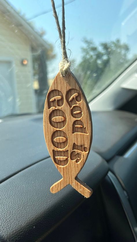 Christian fish car charm accessory! Perfect to hang on your car mirror as a reminder that no matter what circumstances are, God is good.  Made and engraved from solid oak wood and heavy duty twine for hanging purposes.  Measures 4.5 inches long x 2 inches wide x .25 inches thick.  Spread your faith in these times! Cute Car Hanging Decor, Cute Stuff For Your Car, Christian Car Charms, Christian Car Decor, Beach Car Decor, Beachy Car Interior, Cute Jeep Accessories, Cute Car Decorations Interior, Cute Car Stuff