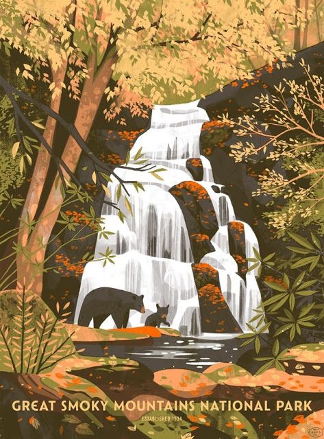 'Great Smoky Mountains National Park' by Chris Turnham Screen Print Poster, Great Smoky Mountains National Park, National Park Posters, Smoky Mountain National Park, Art And Illustration, Great Smoky Mountains, Smoky Mountains, Vintage Travel Posters, Illustration Vector