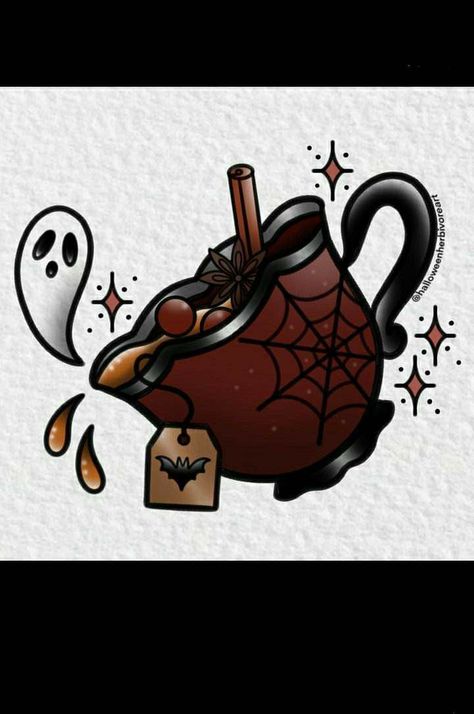 Gothic Tea Cup Tattoo, Buddhist Symbols Tattoos, Tattoo Ideas Pretty, Halloween Cider, Cute Horror Tattoo, Tattoos Egyptian, Tattoos Christian, Partner Tattoo, Cute Halloween Tattoos