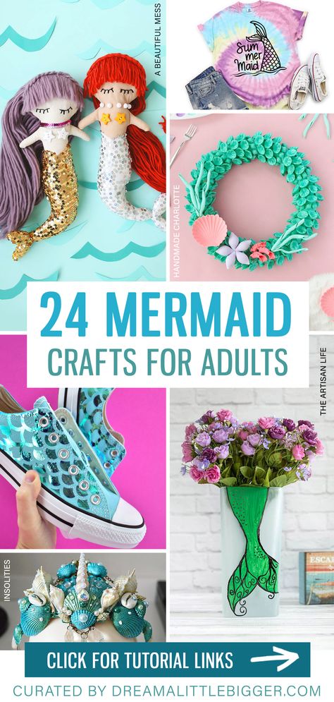 Summertime is the perfect time for all things mermaid! Check out 20+ of our favorite Mermaid Crafts for Adults with crafting levels from beginner to more advanced. There's a mermaid craft for everyone in this round up! Ocean Craft Ideas For Adults, Diy Mermaid Crafts For Adults, Mermaid Centerpiece Ideas Diy Simple, Diy Dinglehopper, Mermaid Gifts For Kids, Mermaid Sewing Pattern, Mermaid Crafts For Adults, Ocean Crafts For Adults, Quick Crafts For Adults