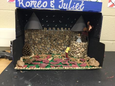 Romeo & Juliet Shoe Box Diorama Shoe Box Set Design Project, Romeo And Juliet Diorama, Glove Box Diorama, Romeo And Juliet Project Ideas, Shoe Box Diorama, Romeo And Juliet Balcony, Shoebox Project, Shoe Box Diy, Future Educator