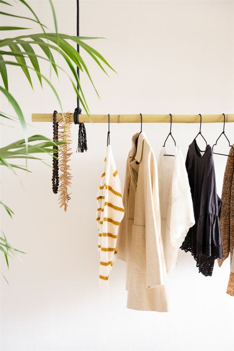 Bamboo Wardrobe, Clothing Shop Interiors, Bamboo Clothes Rack, Bamboo Species, Diy Bamboo, Tropical Interiors, Bamboo Diy, Bamboo Clothes, Diy Clothes Rack