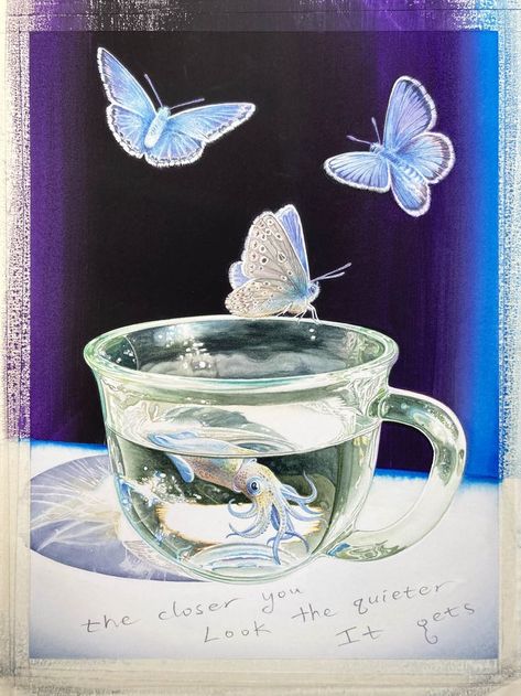 Watercolor of a baby squid in a teacup with butterflies Glass Watercolor, Igcse Art, Baby Squid, Inspiration Painting, Blue Butterflies, A Level Art, Art Inspiration Painting, Art Styles, Art Tips