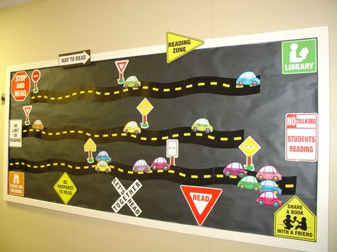 i gave each student a car and used road signs for reading counts points as a motivational board to track quarterly points Road Bulletin Board, Writing Bulletin Board Ideas, Road Trip Theme, Reading Counts, Writing Bulletin Boards, Race Writing, Data Wall, Reading Incentives, Reading Bulletin Boards