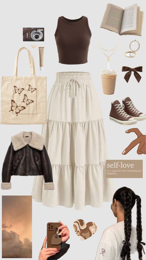 #brown #quotesaesthetic #hairstyleinspo #beigemom #skirt #outfitideas 🤎 Brown Top And Skirt Outfit, White Skirt Brown Top, Cream Midi Skirt Outfit, Winter Modest Outfits, Beige Skirt Outfit, Twin Outfit, Modest Fall Outfits, Normal Style, Venus Fashion