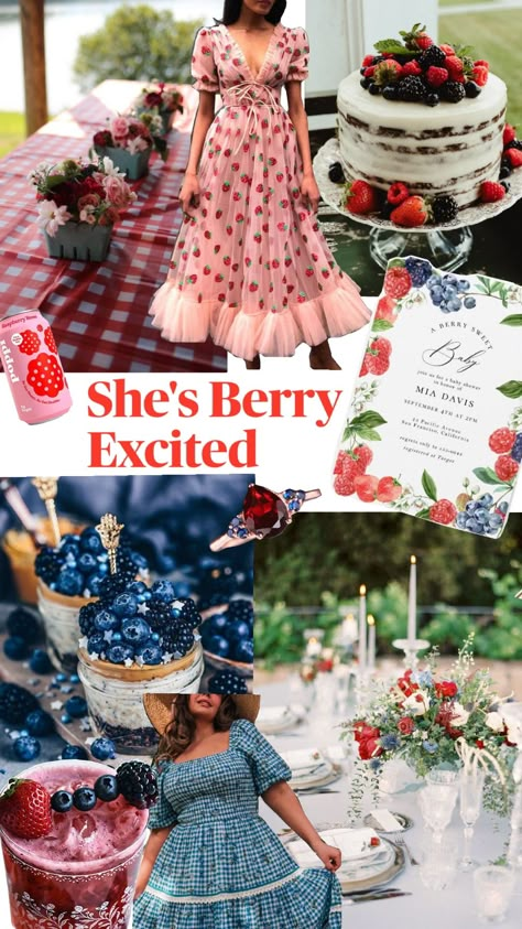 Bridal Shower Theme. She's Berry Excited 🫐🍓🥂 Berry Sweet Bridal Shower Theme, Bridal Shower Picnic Theme, Strawberry Themed Bridal Shower Ideas, June Bridal Shower Themes, Girly Bridal Shower Themes, Berry Bridal Shower Theme, Berry In Love Bridal Shower Theme, Bridal Party Themes Ideas, Strawberry Bridal Shower Theme