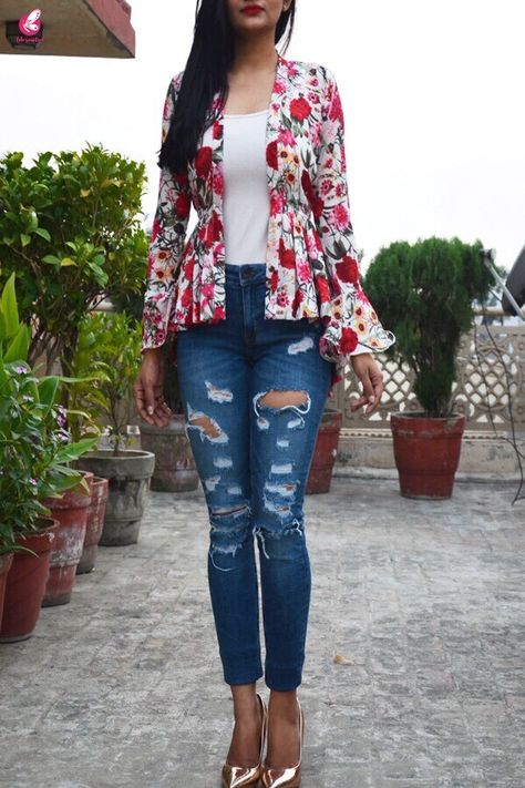 Buy Multicolour Floral Georgette Shrug Online in India | Colorauction Shrug Design Western, Shrugs For Dresses Western, Shrug Top Outfit, Shrugs With Jeans, Georgette Shrug, Shrug Outfit, Shrug Design, Stylish Business Outfits, Shrug Top