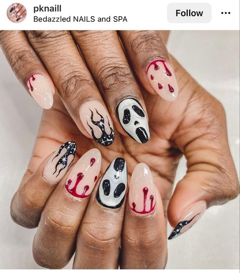 Halloween Nails Short Ghost Face, Simple Nails Halloween, Ghost Face Nails, Face Nails, Halloween Acrylic, Halloween Acrylic Nails, Nails Halloween, Ghost Face, Ghost Faces