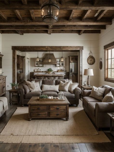 Country Earthy Aesthetic, Kitchen Bar Open To Living Room, Rustic Chic Aesthetic, Luxury Cabin Bedroom, Small Rustic Living Room Ideas, Dark Rustic Living Room, Starling House, Stone Wall Living Room, Concrete Cabin