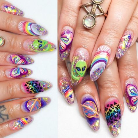 space-grunge: “ Lisa Frank nails by Sabella Snyder ” Lisa Frank Nails, Alien Nails, Unicorn Nails Designs, Unicorn Nails, Lisa Frank, Dream Nails, Dope Nails, Nail Decorations, Stiletto Nails