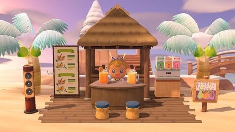 Animal Crossing Writing Area, Animal Crossing Beach Cafe, Acnh Surf Shack, Animal Crossing Island Beach Ideas, Acnh Space Fillers Tropical, Beach Campsite Animal Crossing, Acnh Campsite Designs Beach, Beach Cafe Acnh, Animal Crossing Island Inspiration Beach