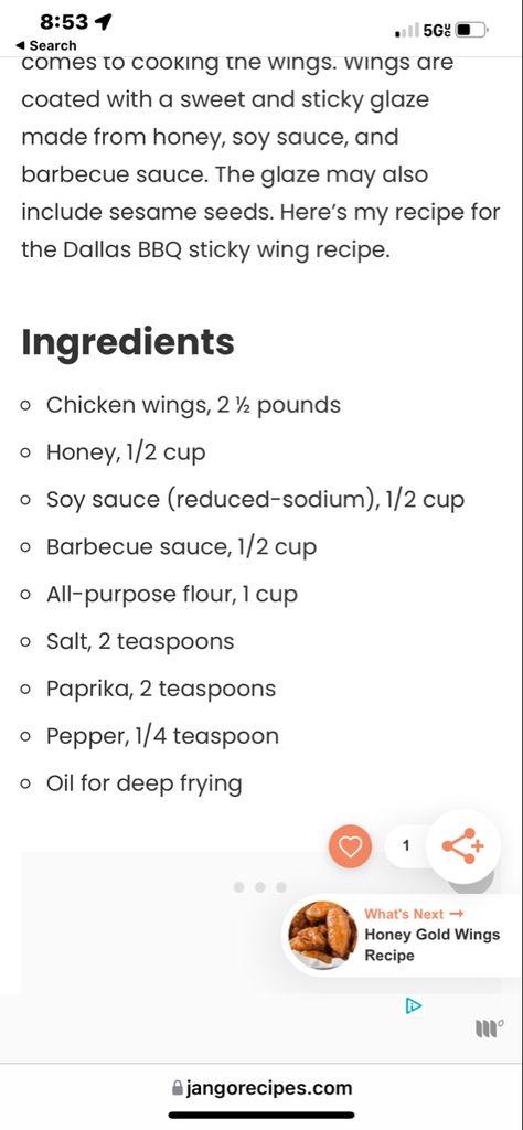 Dallas BbQ Honey Gold Wings Recipe, Dallas Bbq Sticky Wings Recipe, Sticky Wings Recipe, Dallas Bbq, Wing Sauce, Barbecue Sauce, Sesame Seeds, Soy Sauce, Chicken Wings