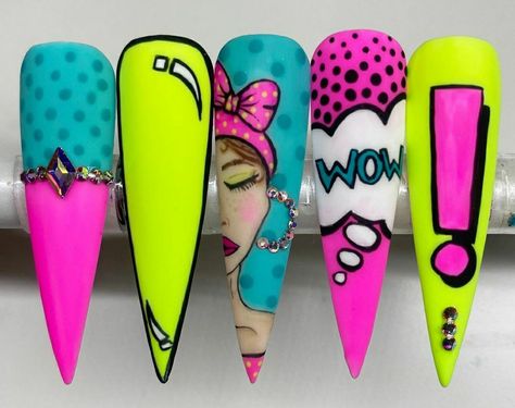 Comic Nail Art, Pop Art Nails, Daily Nails, Hippie Nails, Cute Nail, Nail Art Designs Videos, Get Nails, Neon Nails, Beautiful Nail Art