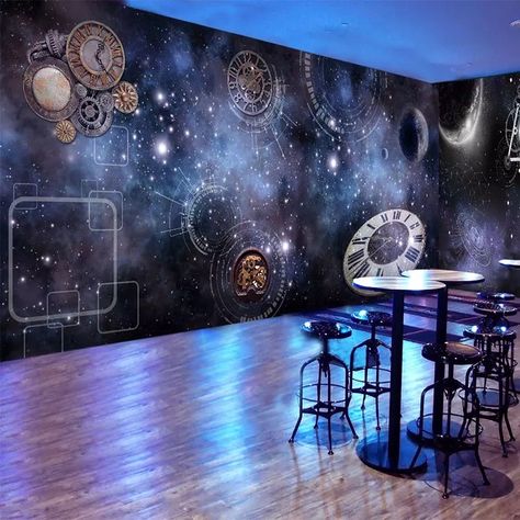 Galaxy Office Design, Galaxy Restaurant Design, Space Themed Restaurant, Space Themed Cafe, Fantasy Pub, Galaxy Restaurant, Astronomy Party, Unique Bars, Beauty Shop Decor