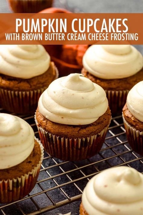 Moist and tender pumpkin cupcakes made with real pumpkin and topped with a delectable brown butter cream cheese frosting. | pumpkin cupcakes with brown butter cream cheese frosting | pumpkin cupcakes with brown butter cream cheese icing | pumpkin cupcakes with cream cheese frosting | pumpkin cupcakes with cream cheese icing | homemade pumpkin cupcakes recipe | best pumpkin cupcakes recipe Pumpkin Cupcakes With Brown Butter Cream Cheese Frosting, Pumpkin Cupcakes Brown Butter Frosting, Butternut Bakery Cupcakes, Moist Pumpkin Cupcakes With Cream Cheese Icing, Vanilla Pumpkin Cupcakes, Brown Butter Pumpkin Cupcakes, Best Pumpkin Muffins With Cream Cheese Frosting, Pumpkin Muffin Frosting, Gf Pumpkin Cupcakes