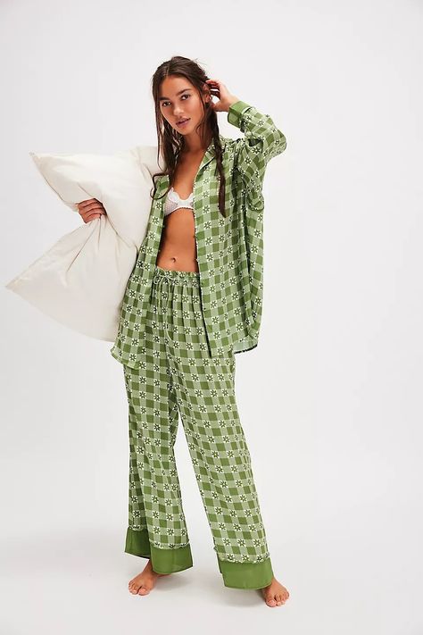 Dreamy Days Pajama Set | Free People Womens Long Sleeve Pajamas, Nice Pjs For Women, Matching Set Pajamas, Green Pajamas Aesthetic, Women’s Pjs, Cute Pjs Set, Women’s Pajamas, Pj Sets Women, Cheetah Pajamas