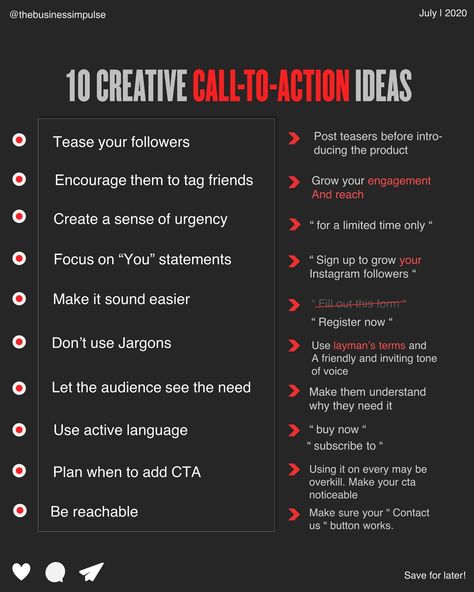 [ 10 creative ideas for CTAs ]⁣ ⁣ At the end of most business-related Instagram posts, you’ll see a great initiative directing visitors to do something next like “Click the link.” In marketing, this is called the “Call-To-Action.”⁣ ⁣ Calls-to-Action (CTAs) have the role of directing people into what they should do next. You can ask them to buy your product, visit your website or get in touch with you.⁣ ⁣ However, not all CTAs are the same. ⁣ The key is to be as creative as you can be in order to Call To Action Instagram Post Design, Call To Action Ideas Instagram, Instagram Call To Action Ideas, Call To Action Ideas Social Media, Call To Action Instagram, Call To Action Ideas, Beauty Salon Marketing, Holiday Marketing, Holiday Market