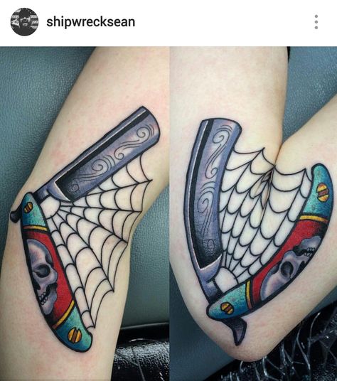 American traditional switchblade tattoo by @shipwrecksean American Traditional Straight Razor, American Traditional Switchblade Tattoo, American Traditional Martini Tattoo, Straight Razor Tattoo Design, Traditional Razor Tattoo, Razor Tattoo Old School, Traditional Switchblade Tattoo, Traditional Straight Razor Tattoo, Traditional Spider Web Tattoo