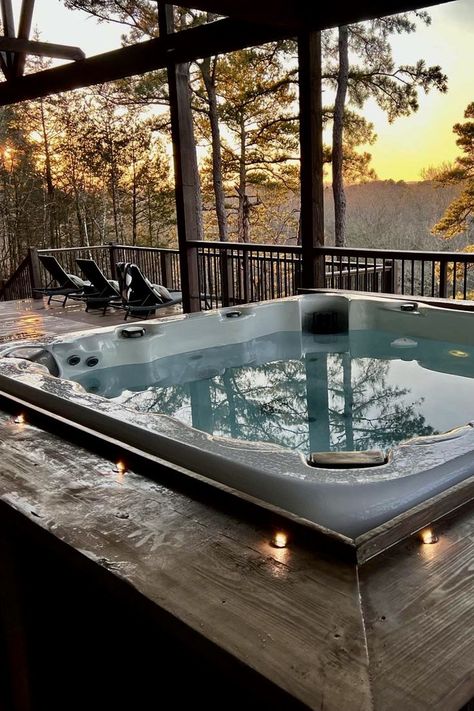 Wow! THIS is relaxation at it's finest! Watch the sunset while sipping wine in the huge hot tub at the Mimosa Terrace Cabin. You can also play cornhole on or watch the big game on the outdoor tv. And that'd just what you can do on the deck! The inside has even more to offer. Deck With Hot Tub, Watch The Sunset, Outdoor Tv, Game On, Big Game, The Sunset, In The Mountains, Mimosa, What You Can Do