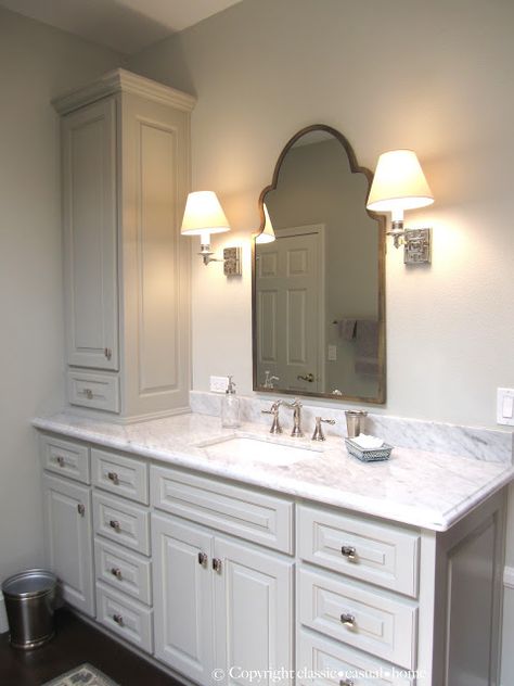 Vanity With Makeup Area, Master Suite Remodel, Best Bathroom Paint Colors, Corner Bathroom Vanity, Corner Vanity, Bathroom Paint Colors, Bathroom Redo, Bathroom Renos, Bathroom Colors