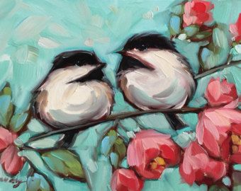 Chickadee and Floral painting, Original impressionistic 5x7" oil painting of two chickadees on a floral branch. *Pre-Order Andrea Lavery, Art Amour, Panel Painting, Chickadees, Fine Art Painting Oil, Floral Branch, Easy Canvas Painting, Turquoise Background, Spring Painting