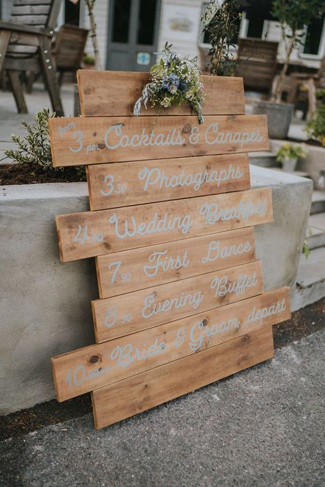 DIY wooden pallet wedding order of the day signage Wooden Pallet Wedding, Colour Palette Blue, Marquee Wedding Reception, Rustic Wedding Signage, Church Wedding Photography, Order Of The Day Wedding, Wooden Signage, Signage Wedding, Rustic Summer Wedding