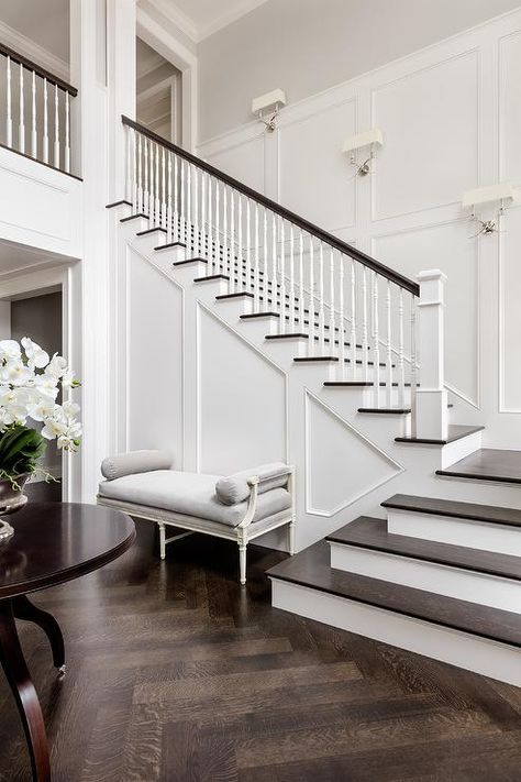 Dark Stained Wood Floors, Staircase Molding, White Marble Tile Floor, Wrought Iron Railings, Entry Area, Luxury Staircase, White Staircase, Entry Room, White Stairs