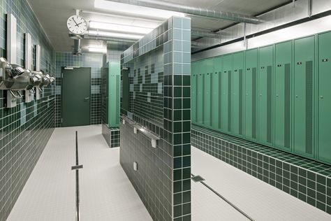 Gallery of Swimming Pool Allmendli / illiz Architektur - 8 Pool Changing Room, Locker Room Shower, Pool Changing Rooms, Public Shower, Children Swimming Pool, Pool Shower, Gym Interior, Pool Bath, Lake Zurich