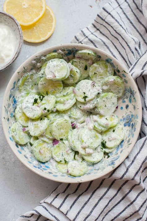 Cucumber Onion Salad, Vegan Greek Yogurt, Cucumber Varieties, Cucumber Dill Salad, Greek Spinach Pie, Creamed Cucumbers, Creamy Cucumber Salad, Cucumbers And Onions, Creamy Cucumbers