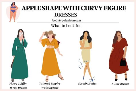 How to dress apple shape with curvy figure - Fashion for Your Body Type Dress Apple Shape, Apple Body Shape Clothes, Apple Body Shape Fashion, Apple Body Shape Outfits, Apple Shape Fashion, Apple Body Type, Apple Shape Outfits, Chiffon Wrap Dress, Dresses For Apple Shape