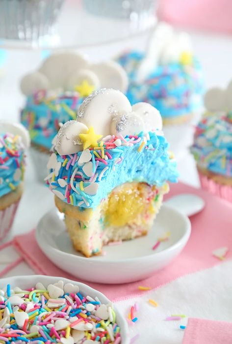 Confetti Cupcakes with Pineapple Filling Cloud 9 Birthday Cupcakes, Clouds Party, Aesthetic Eating, Weather Party, Cloud Cupcakes, Pineapple Filling, 4 Cupcakes, Cupcake Project, Confetti Cupcakes