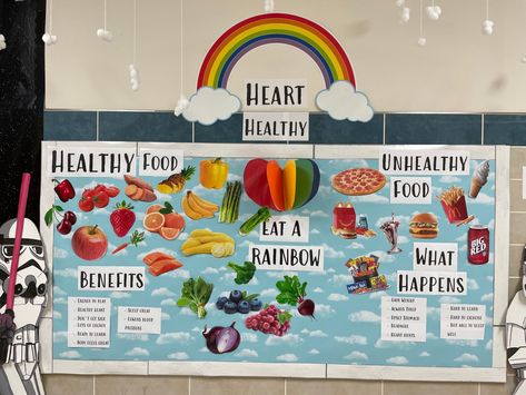 Heart healthy month Food Nutrition Poster Design, Healthy Eating Bulletin Board, Healthy Eating Display, Women History Month Bulletin Board, Dietitian Career, Healthy Food Activities For Preschool, Nutrition Bulletin Boards, School Clinic, Healthy Food Activities