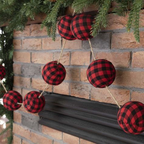 Fabric Balls, Country Christmas Decorations, Fabric Garland, Scrap Material, Buffalo Plaid Christmas, Indoor Christmas, Christmas Display, Plaid Fabric, Red And Black Plaid