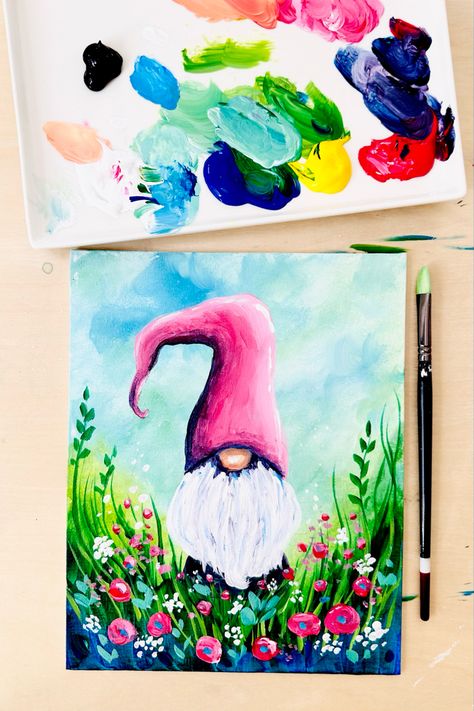 Enjoy this FREE step-by-step gnome painting with acrylics on canvas. #spring #mothersdaygifts #gnomes Gnome Painting Canvas Diy, Gnome Acrylic Painting, Spring Canvas Painting, Spring Painting Ideas On Canvas, Easy Thing To Paint On Canvases, Gnome Paintings, Acrylic Painting On Black Canvas, Painting On Black Canvas, Acrylic Painting Easy