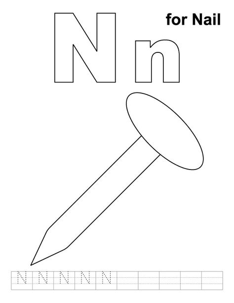 N for nail coloring page with handwriting practice Letter N Coloring Page, Preschool Classroom Themes, Kids Handwriting Practice, Abc Coloring Pages, Kids Worksheets Preschool, Free Kindergarten Worksheets, Abc Coloring, School Coloring Pages, Preschool Writing