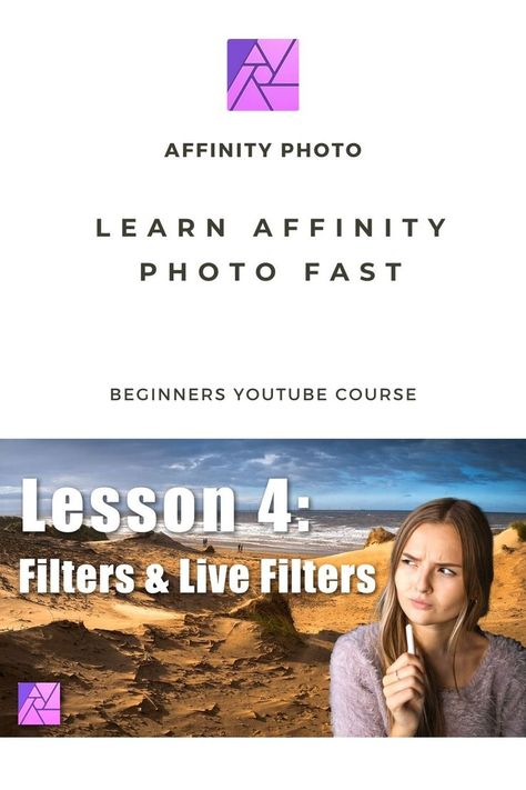 Learn how to use Affinity Photo fast with this YouTube video course. In lesson 4 we look at using the Filters and Live Filters in Affinity Photo. Affinity Photo, Editing Skills, Video Course, Photo Tutorial, Youtube Video, Being Used, How To Use, Youtube Videos, Photo Editing