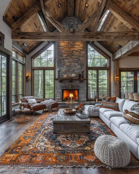 Boho Barn Design Mountain Homes Interiors, Log Home Living Room, Cathedral Ceiling Living Room, Modern Cabin Interior, Log Houses, Southern Home Interior, Cabin Interior Design, Ranch House Exterior, Log Cabin Living