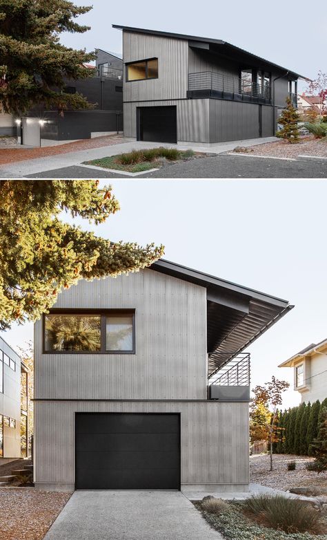 Corrugated Metal Siding Gives This New House A Strong Exterior Corrugated Metal Exterior, Metal Siding House, Rv House, Metal Houses, Amatitlan, Corrugated Metal Wall, Corrugated Metal Siding, Metal Building Designs, Steel Siding