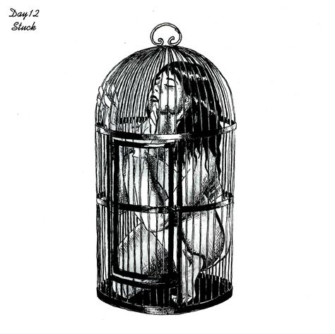 Graphic art woman in a huge bird cage Locked In A Cage Art, Enclosed Spaces Art, Person In Bird Cage, Birdcage Drawing Vintage, Trap Drawing Art, Bird And Cage Drawing, Bird In Cage Art, Birdcage Photoshoot, Rat In A Cage Tattoo