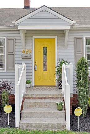 yellow front door! Yellow House Front Door, Colors With Gray, Yellow Front Door, Gray Siding, Yellow Front Doors, Gray House Exterior, Yellow Door, Door Colors, Grey House