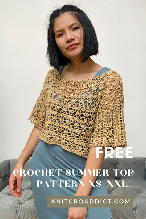 Crochet Cotton Shirt Pattern, Boxy Crochet Top, Crochet Tops With Sleeves Free Patterns, Loose Crochet Top Pattern, Truboo Crochet Pattern, Crochet Spring Tops Free Pattern, Crochet Summer Top Pattern Free, Crochet Summer Free Patterns, Crochet Overtop